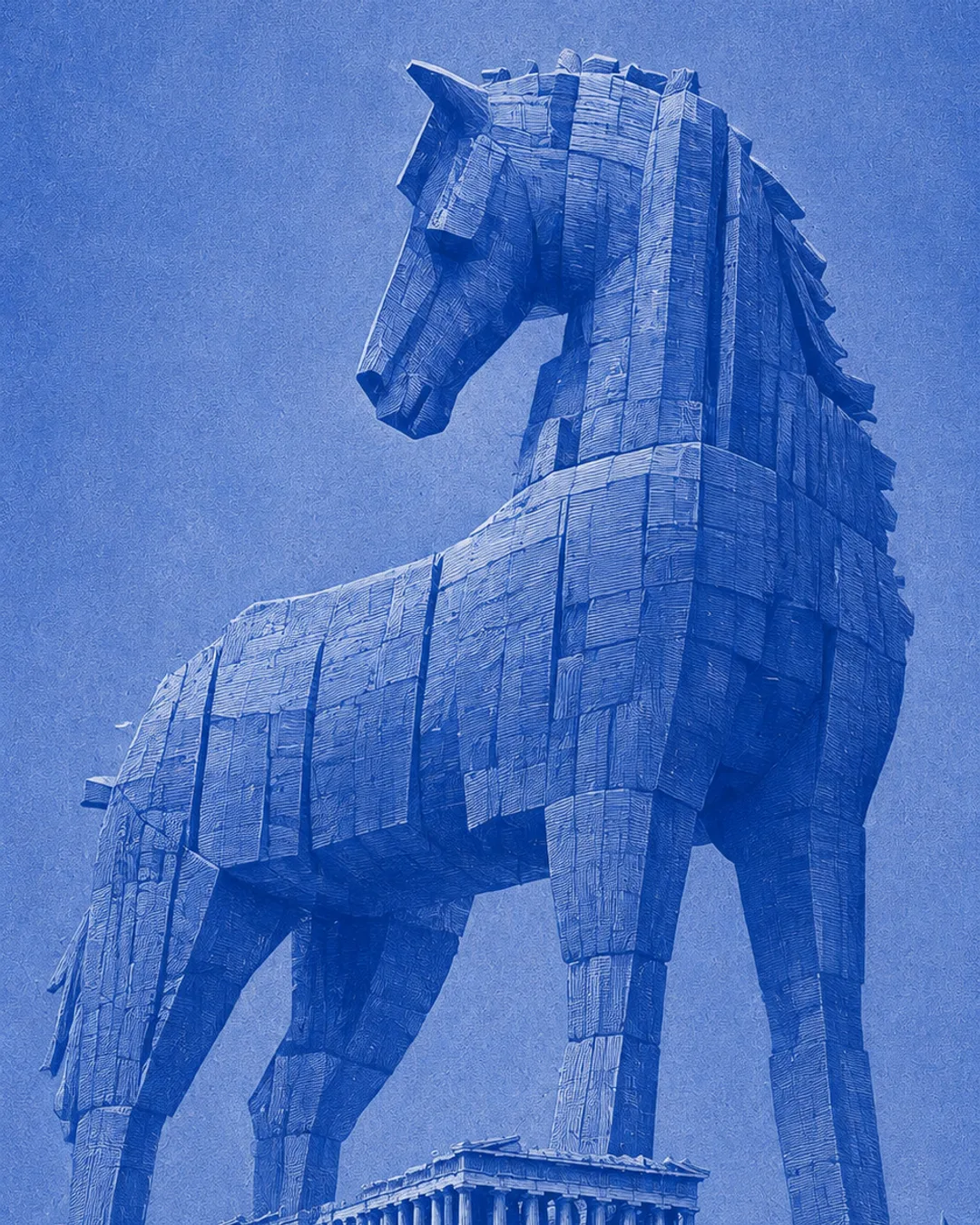 A great wooden horse standing above a classical temple, rendered as a blue engraving