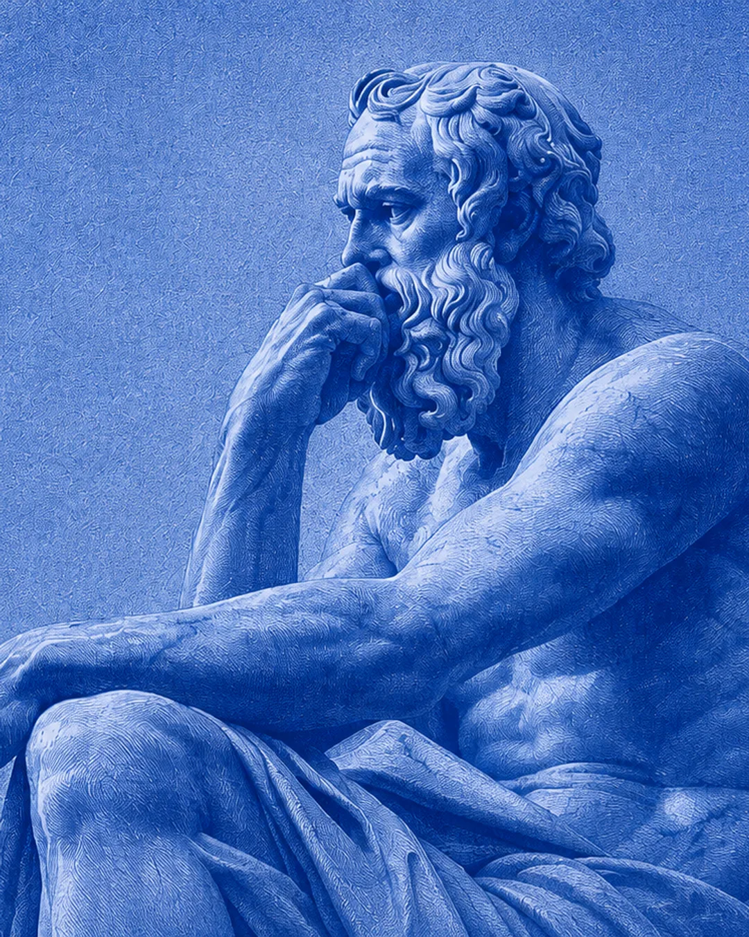 A seated classical philosopher, chin resting on one hand, rendered as a blue engraving